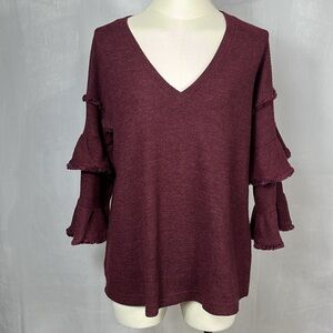 Miss Me Burgundy Tiered‎ Sleeve V Neck Sweater.